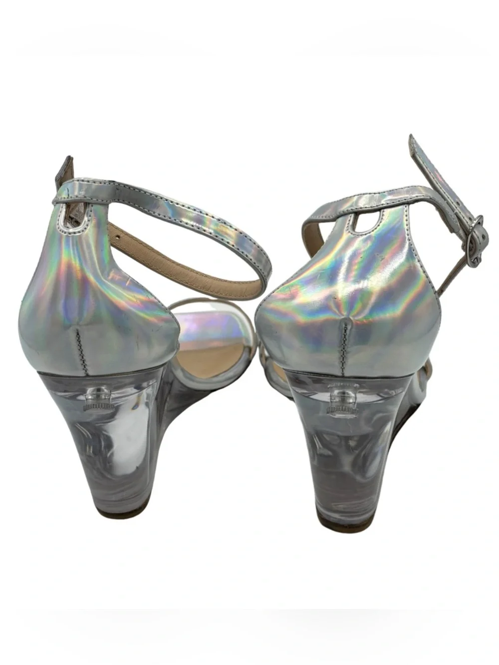 NWOB Stuart Weitzman Silver Holographic Nudist Lucite Wedge Sandal - Sz 9 - Picture 3 of 7